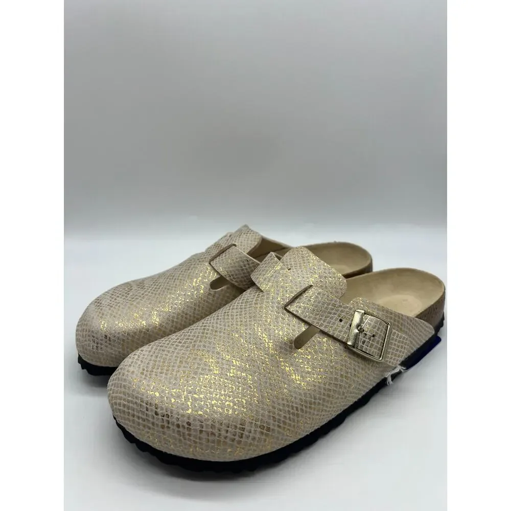 Birkenstock Boston Clogs Men's Size 10 Shiny Gold Python Eggshell New